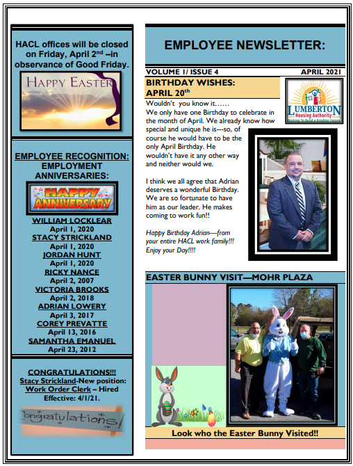 April 2021 Resident Newsletter Page 1. All information in this newsletter is listed above.