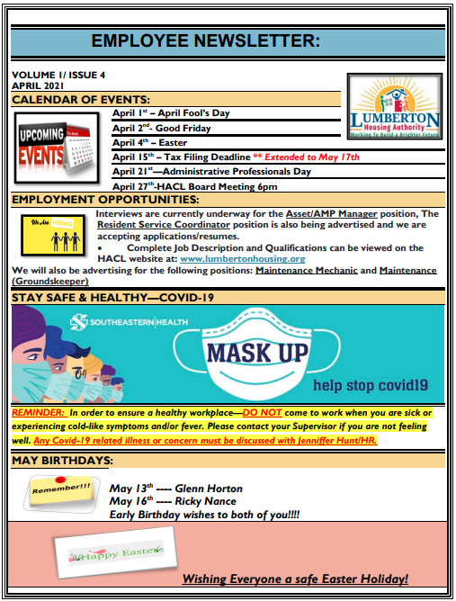 April 2021 Resident Newsletter Page 2. All information in this newsletter is listed above.