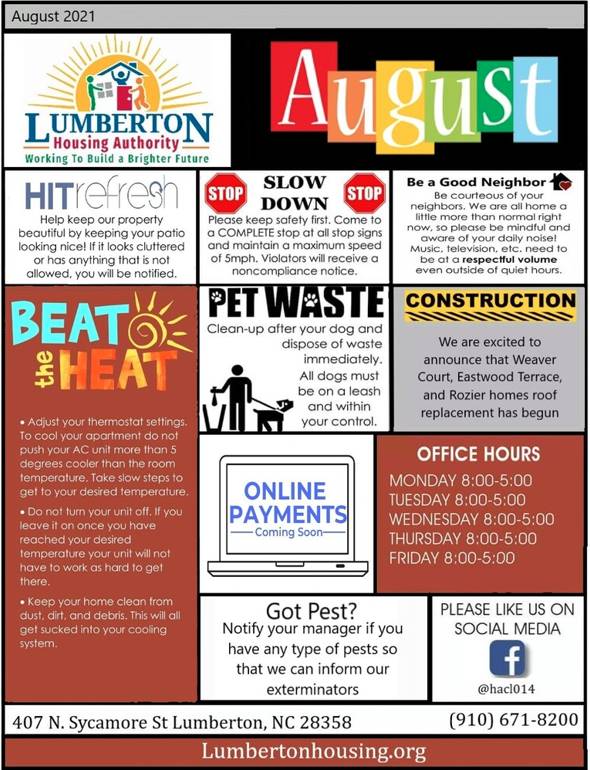 August 2021 Resident Newsletter. All information in this newsletter is listed above.