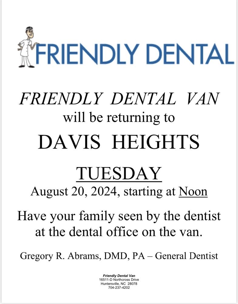 Friendly Dental Van Flyer, all information as listed below.