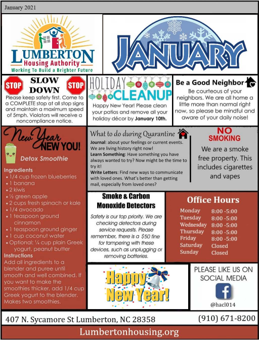 January 2021 Resident Newsletter. All information in this newsletter is listed above.