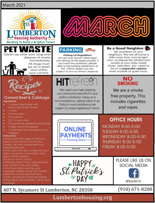 March 2021 Resident Newsletter. All information in this newsletter is listed above.