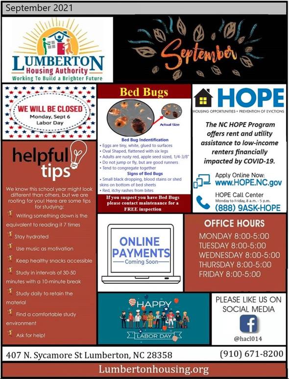 September 2021 Resident Newsletter. All information in this newsletter is listed above.