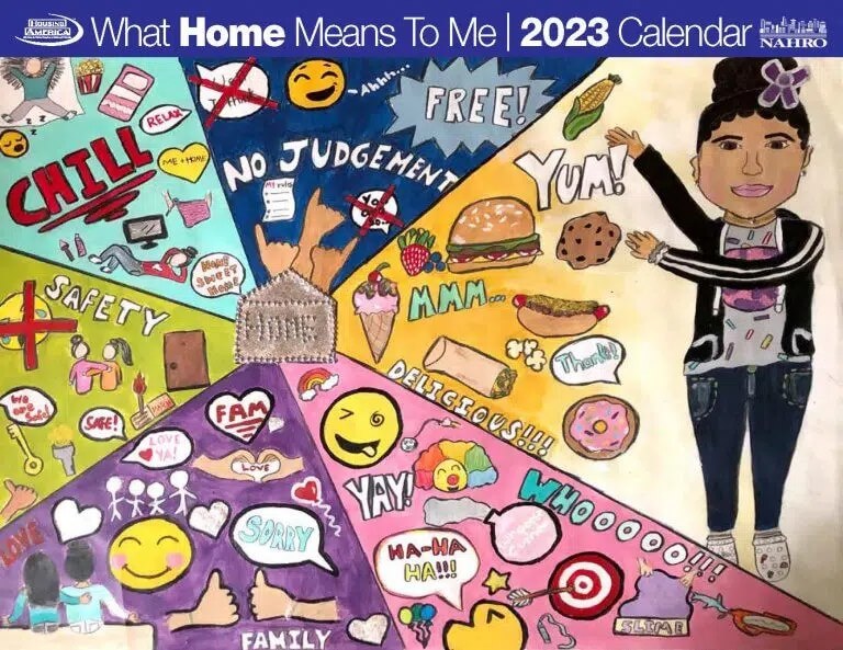 NAHRO 2023 What Home Means To Me Poster Contest including words describing home surrounded by design elements. 