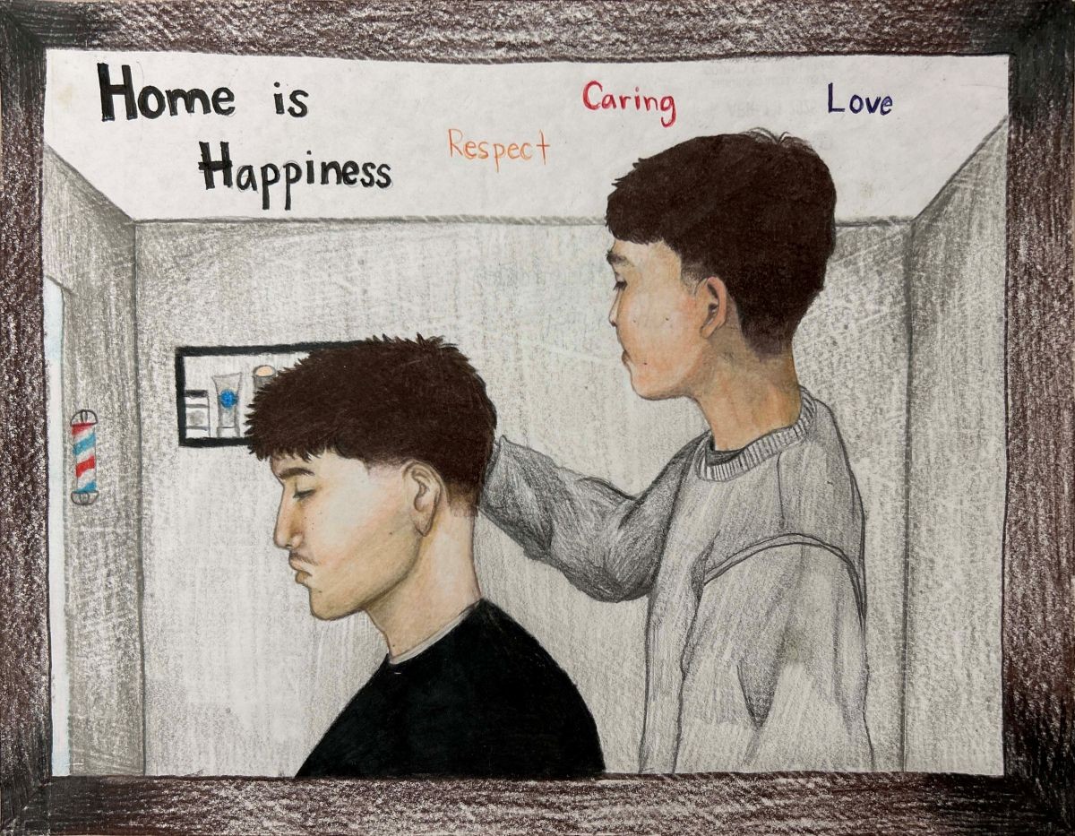 2026 What Home Means to Me Winner. A barber cutting another mans hair. Home is Happiness. Respect. Caring. Love.