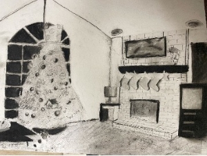 Christmas tree in front of a fireplace with stockings next to a TV.