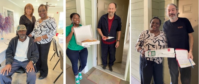 Veterans having coffee and donuts with Resident Services.