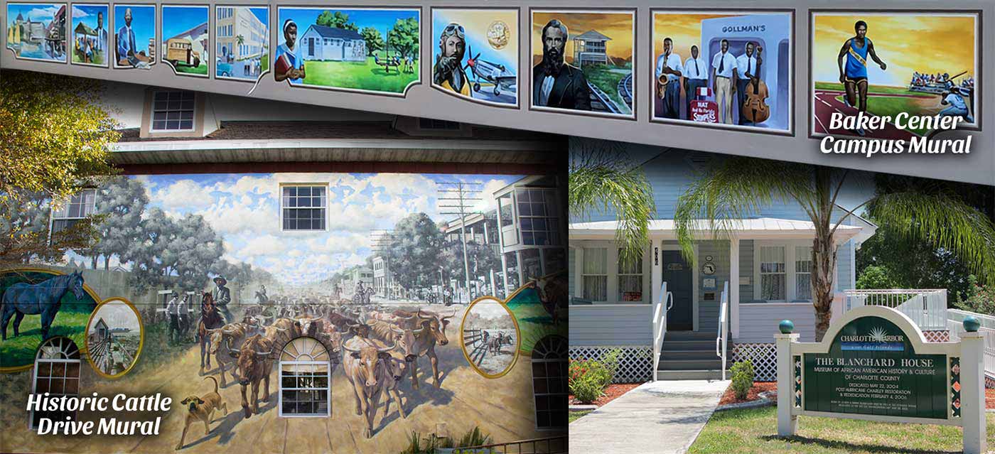 Historic Cattle Drive Mural, Baker Center Campus Mural, and The Blanchard House.