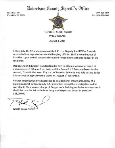 Burglary suspect Letter. All content included above.
