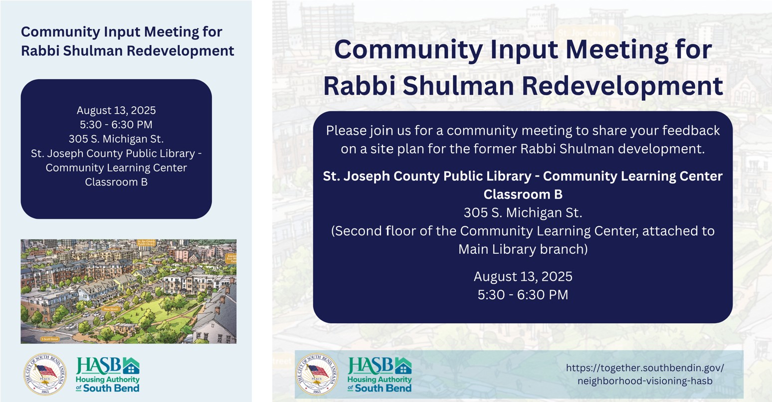 all flyer text below flyer Aug 13, 2025 Community Input Meeting for the Rabbi Shulman Redevelopment Flyer