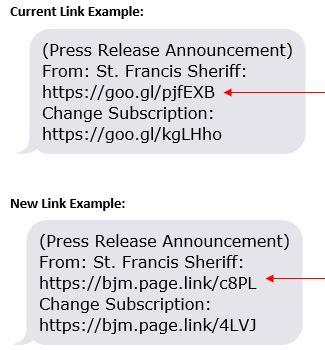 Screenshots of current text alert link example compared to new text alert link example