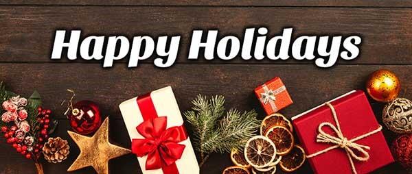 Happy Holidays with wrapped presents and Christmas decor.
