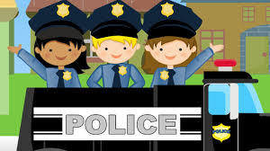 Animated cops in front of homes next to a cop car