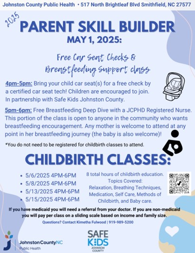 A blue flyer with information for parents with an image of a car seat and pregnant person's profile.