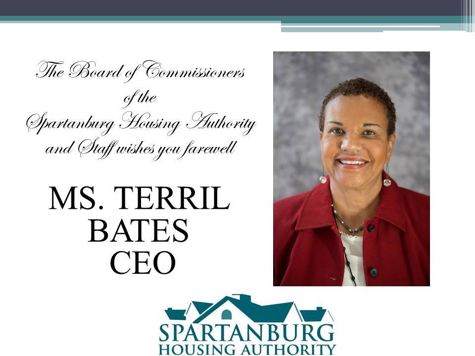 Farewell notice to Ms. Terril Bates CEO from Spartanburg BOC and staff.