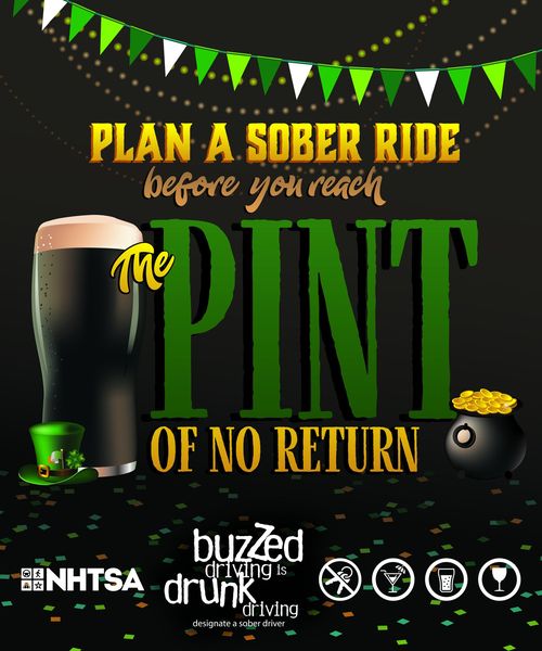 A flyer with a pint of liquid and it reads plan a sober ride before you reach the pint of no return.