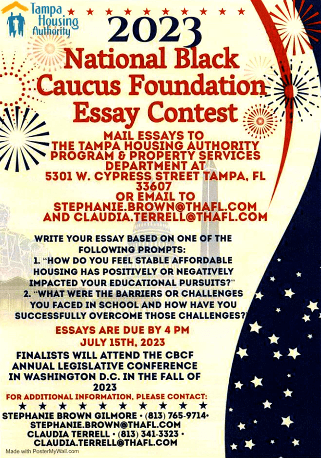 2023 National Black Caucus Foundation Essay Contest flyer, all information as provided above.