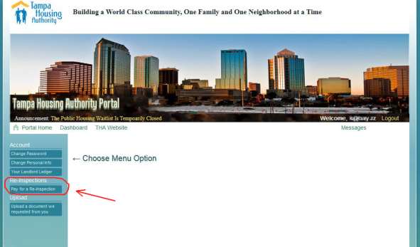 Tampa Housing Authority Portal web page with an arrow pointing to the Pay for a Re-Inspection button.