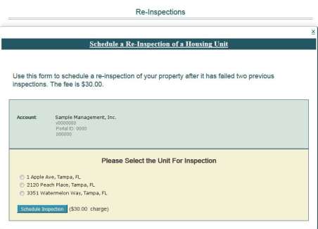 Tampa Housing Authority webpage showing the Re-Inspection webpage where one can choose where to apply the re-inspection.