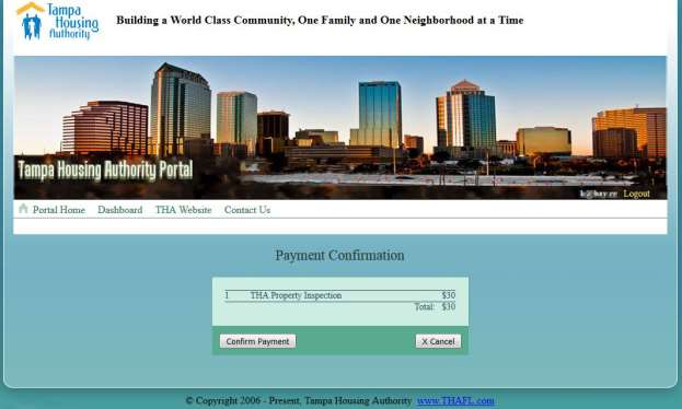 Tampa Housing Authority portal webpage showing payment confirmation.