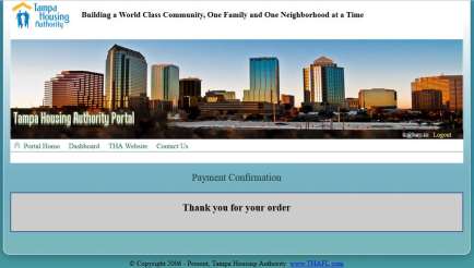 Tampa Housing Authority Portal webpage showing payment confirmation with a box that reads: Thank you for your order.