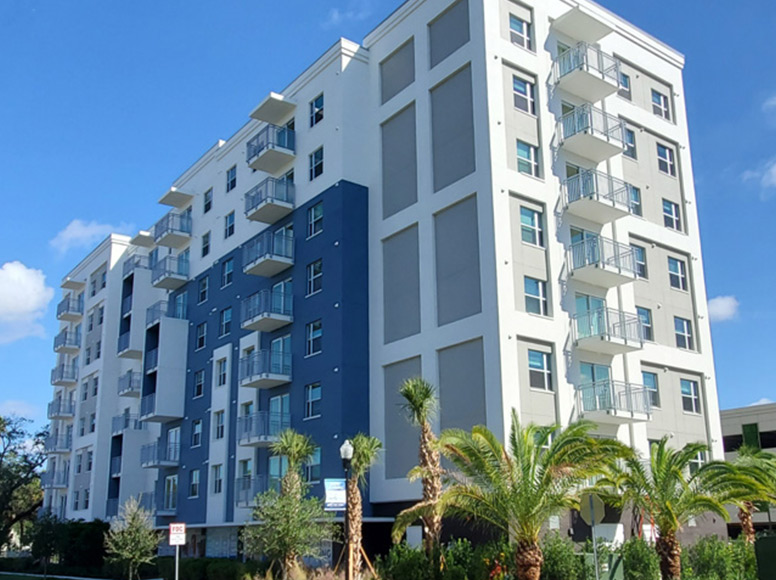 A blue and white building.