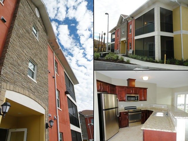 Collage of the building and a kitchen area.