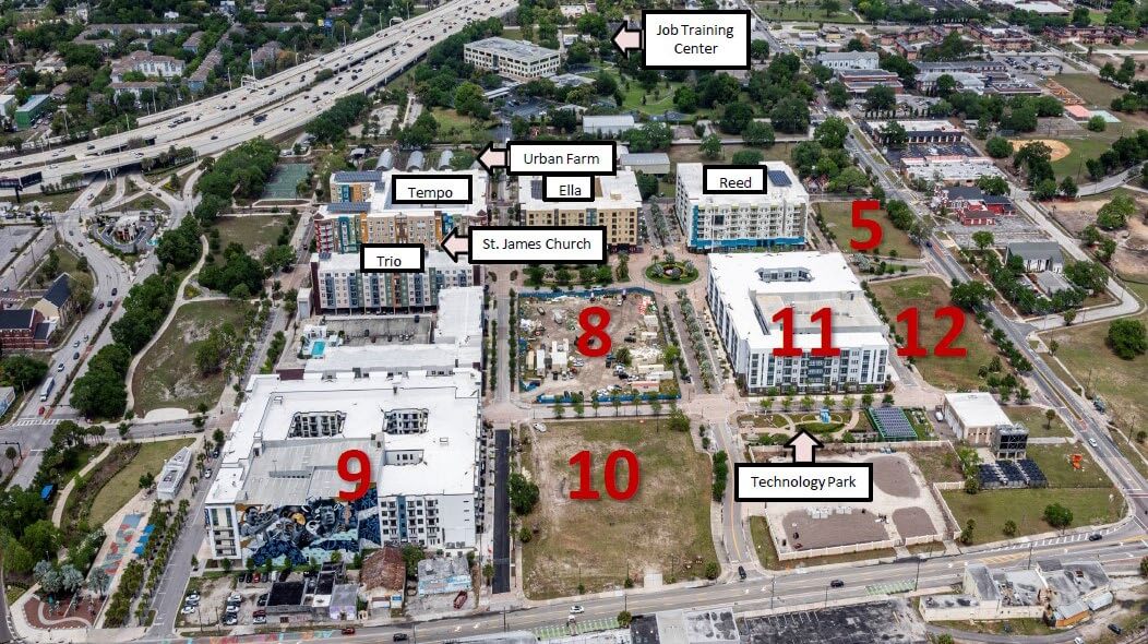 Map showing Aerial View of the Encore Buildings (Reed, Ella, Tempo, Trio), Job Training Center, Urban Farm, St. James Church, Technology Park, Lot 5, Lot 8, Lot 9 (Navara), Lot 10, Lot 11 (Legacy), and Lot 12