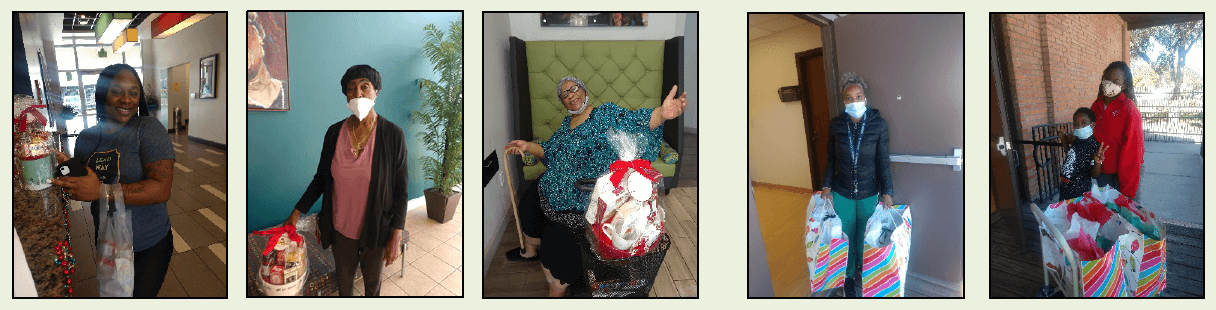 Various residents holding gifts.