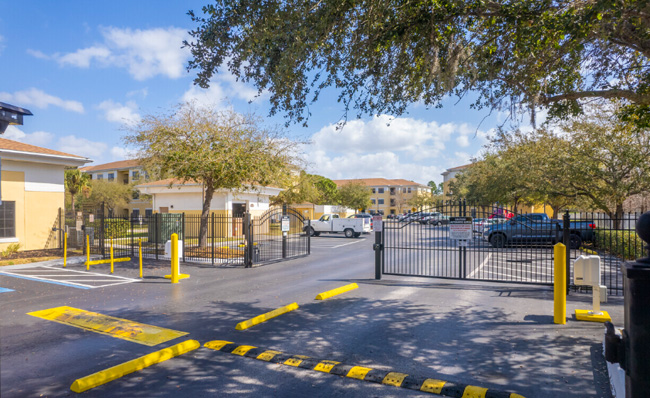 Parking lot with speed bumps.