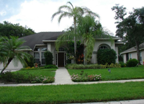 Front side of a home with palm trees around it.