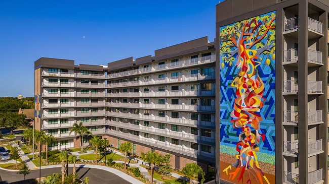 The Mary Bethune building with artwork painted on the entrance.