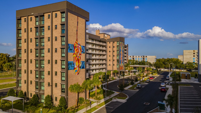 Aerial of the Mary Bethune building showing the front of the building and the street.