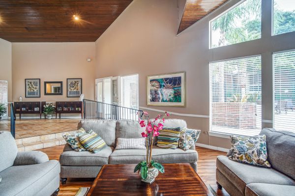 A brightly lit living room area.