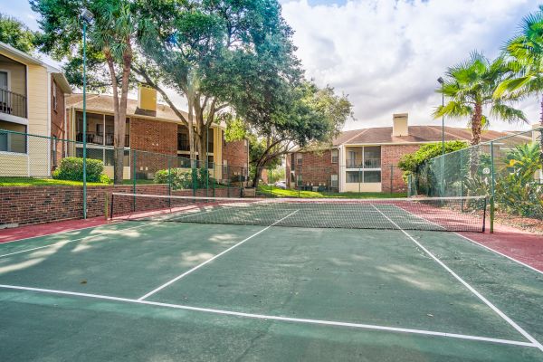 An outside tennis court.