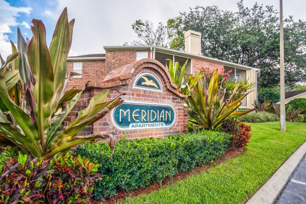 Meridian Apartments sign.