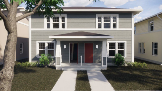 A large home with gray vinyl siding.