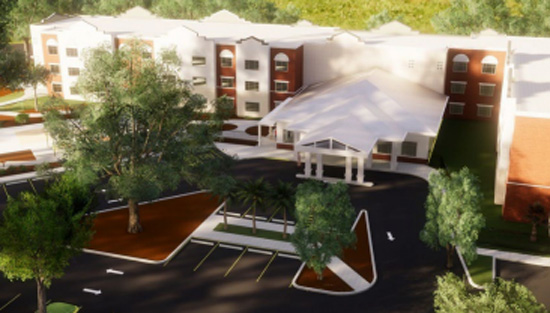 Architectural rendering of a housing complex.