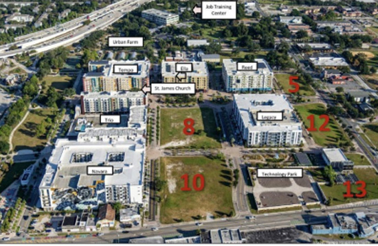 A marked aerial of Encore shows where the projects are planned.