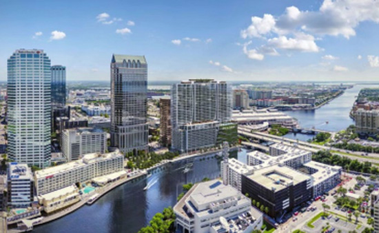 A rendering showing the Tampa Pendry, center, along the Tampa Riverwalk. (Courtesy of Pendry Tampa) 