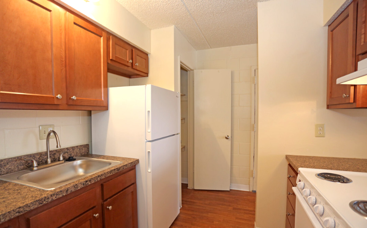 A kitchen with a stone