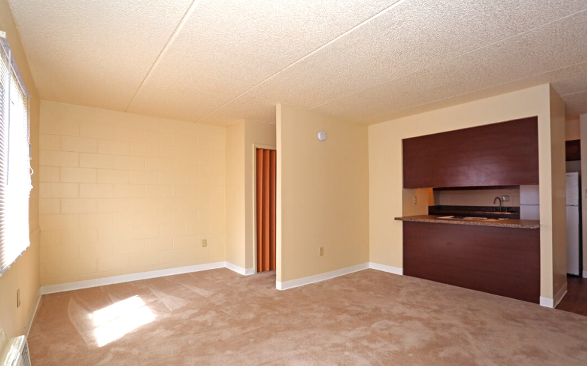 A living room with view of the kitchen.