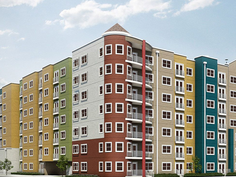 A colorful apartment building.