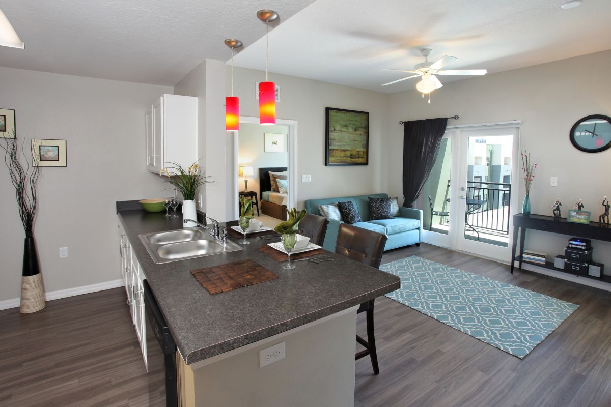 A kitchen and dining room area at The Trio at Encore.