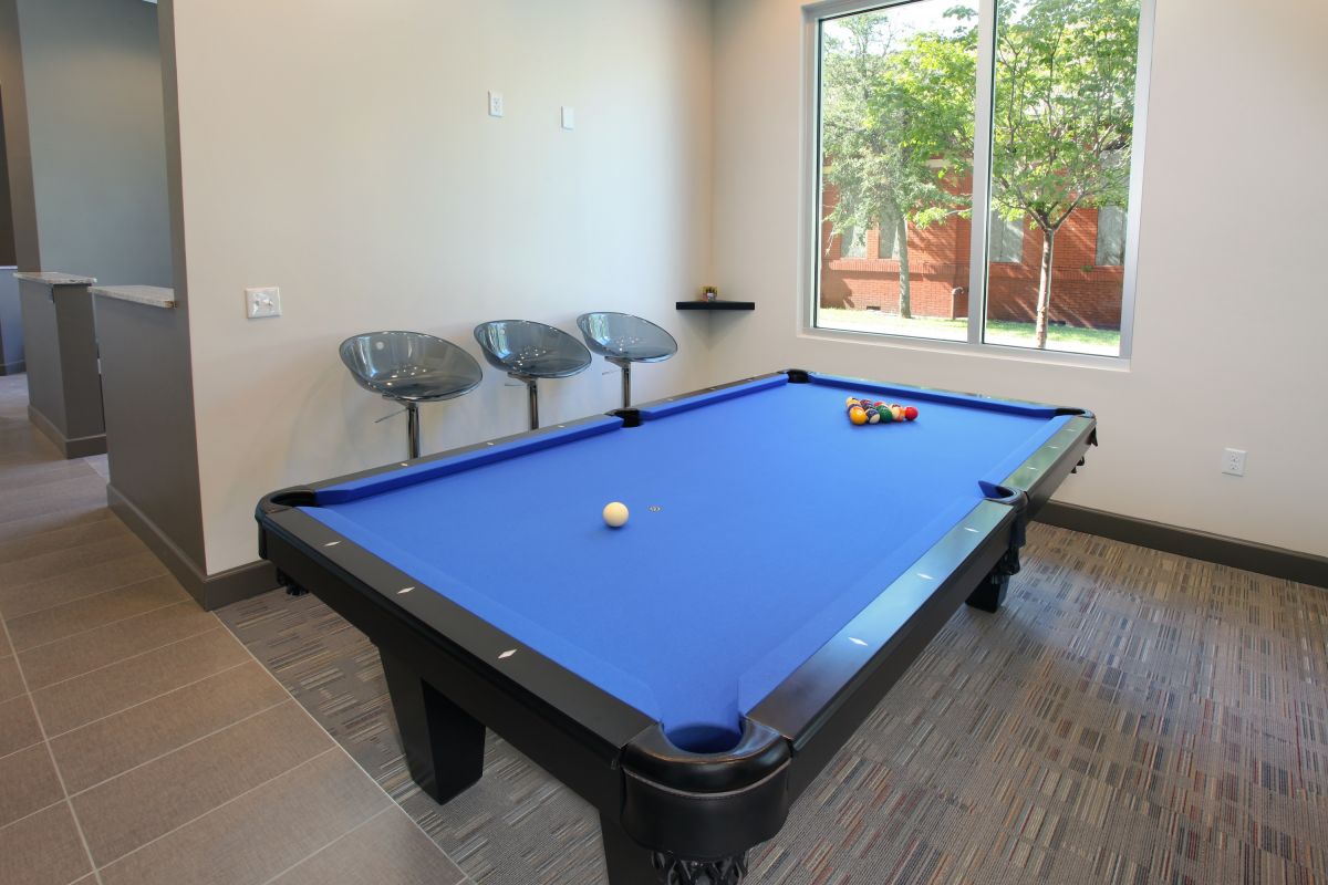 Pool table with balls and que's.