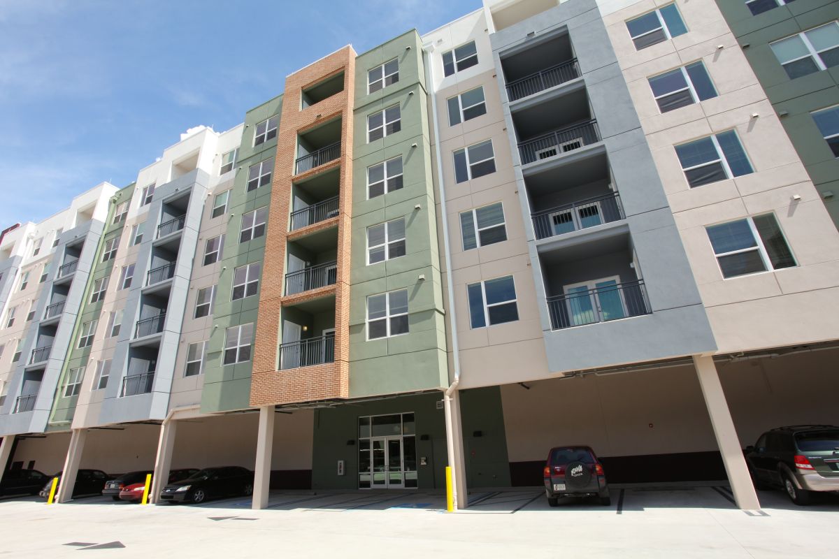 A colorful apartment building.