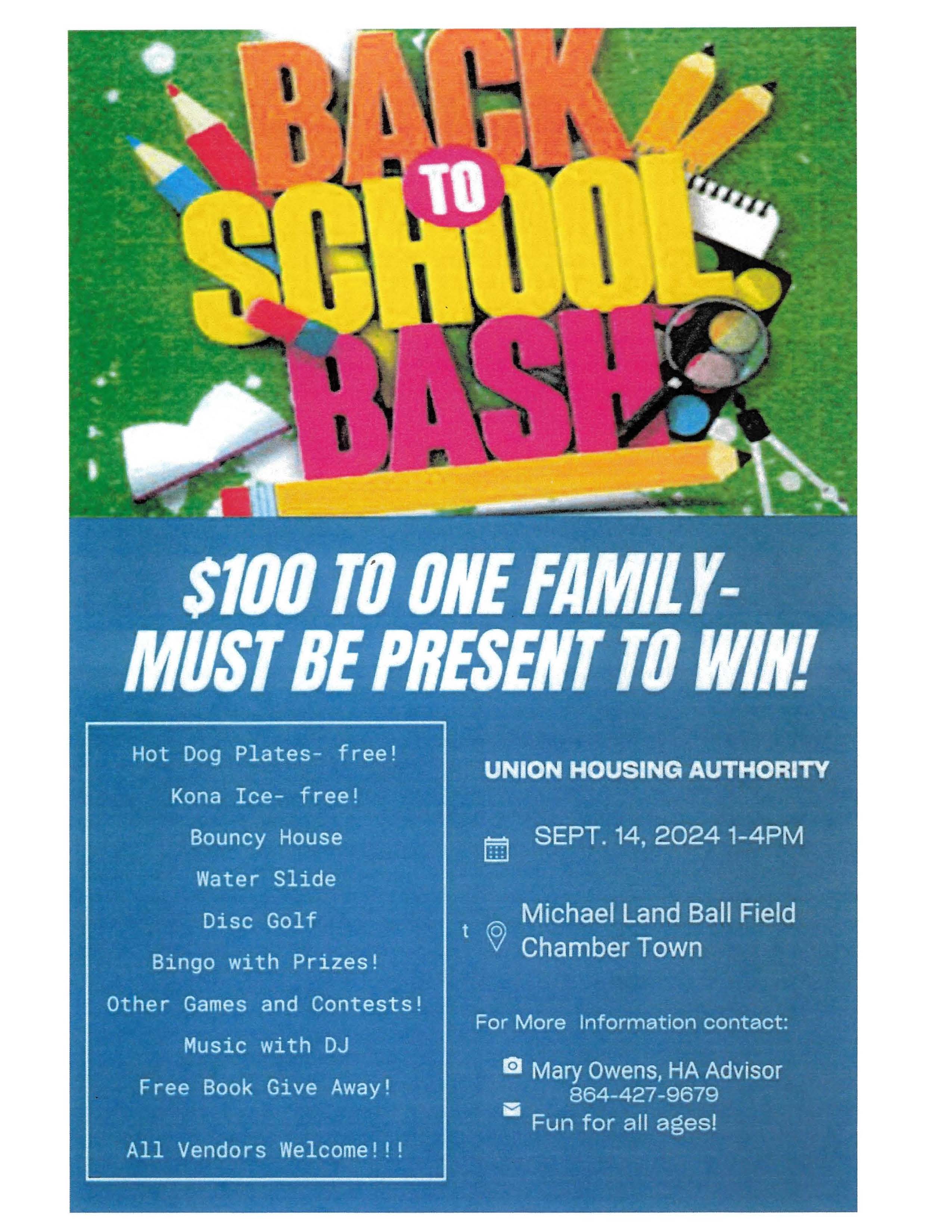 2024 Back to School Bash Flyer. All information on this flyer is listed above.