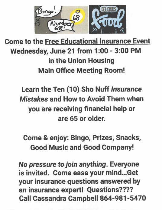 Insurance Event Flyer. All information on flyer is listed above.