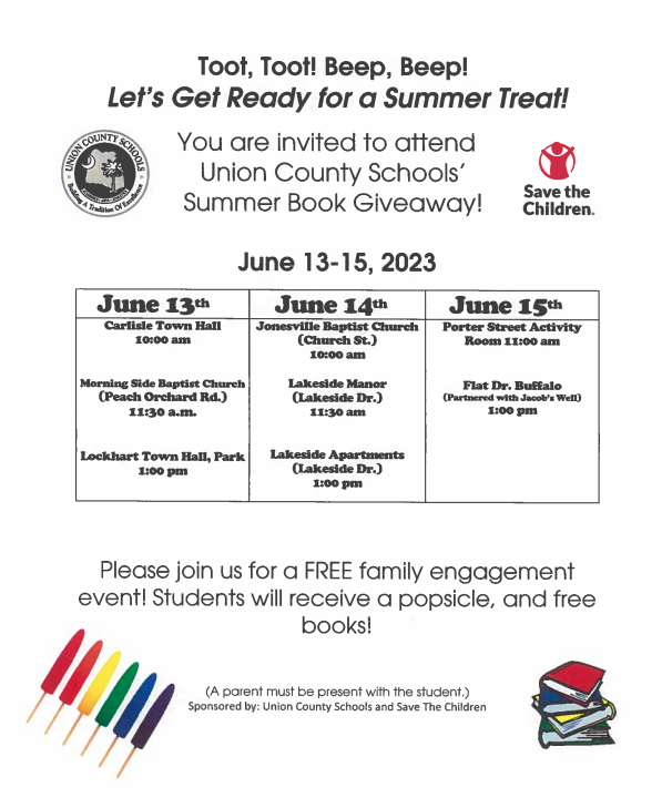 Summer Book Giveaway Flyer. All information on flyer is listed above.