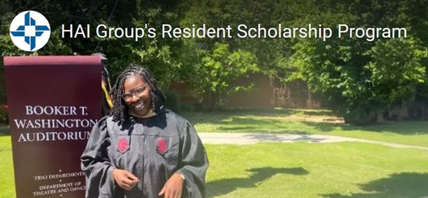 HAI Group's Resident Scholarship Program. A woman smiles in a graduation gown.
